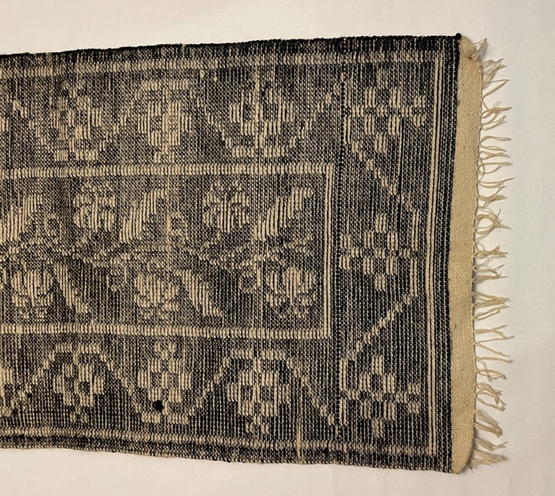 Vtg 1970s Hand Woven Wool Rug Black Beige 52" x 25" gallery