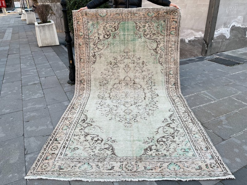 5.4x9.3 ft Vintage Turkish Oushak Rug Mint Green Medallion Hand-Knotted Wool gallery