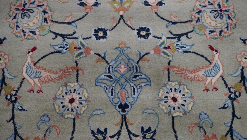 Antique Kashann Signed Birds Hand Knotted Pistachios Green Wool Rug 9'7" x 13'5" gallery