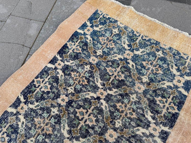 Vintage Turkish Rug 3.7x6.9 ft Blue Beige Handmade Wool Area Rug Distressed gallery