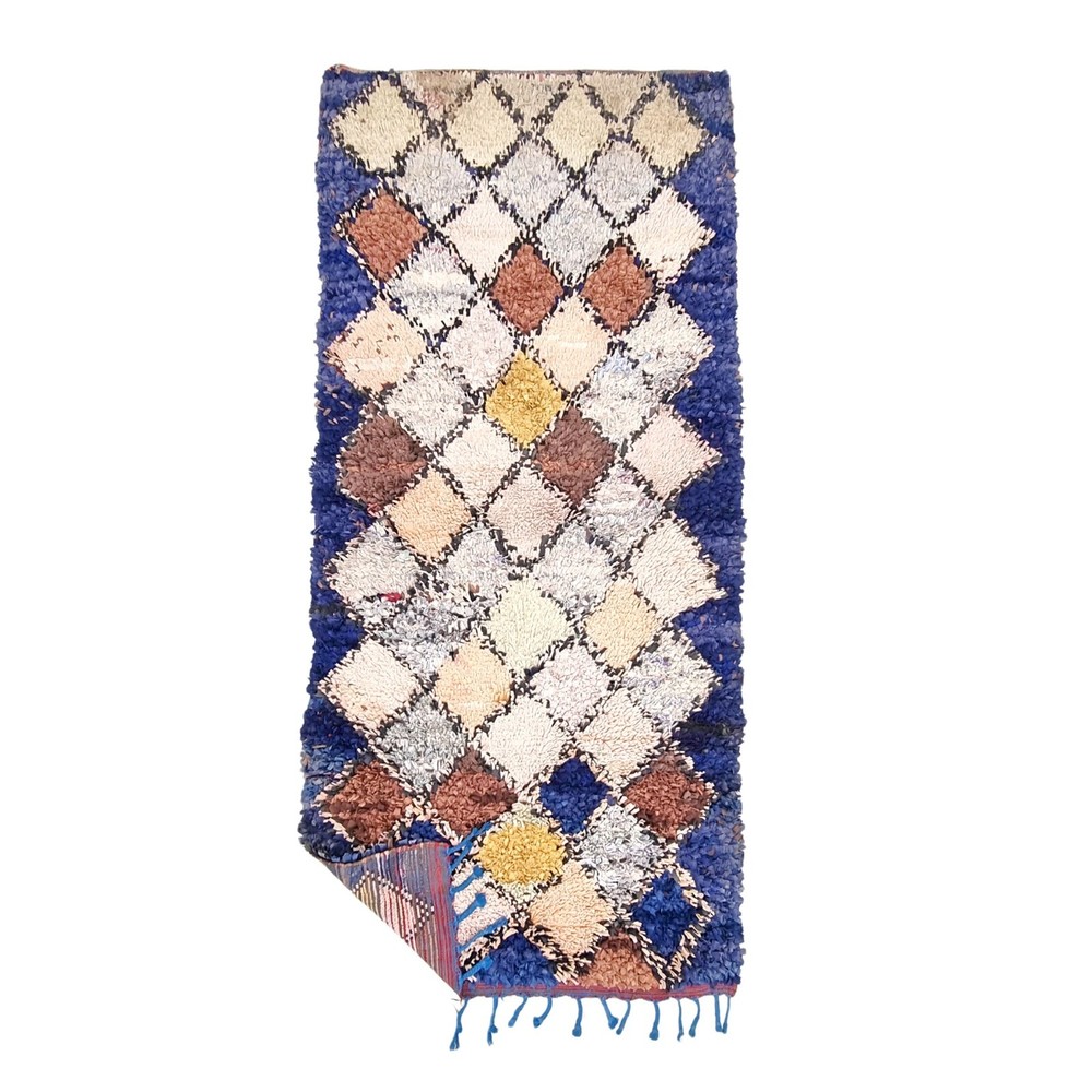 Moroccan Handmade Vintage Boucherouite 3'2x7'4Berber Geometric Blue Cotton Rug