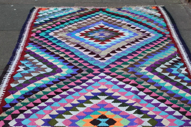 Vintage Traditional Hand Made Oriental Wool Cotton Blue Long Kilim 325x150cm gallery
