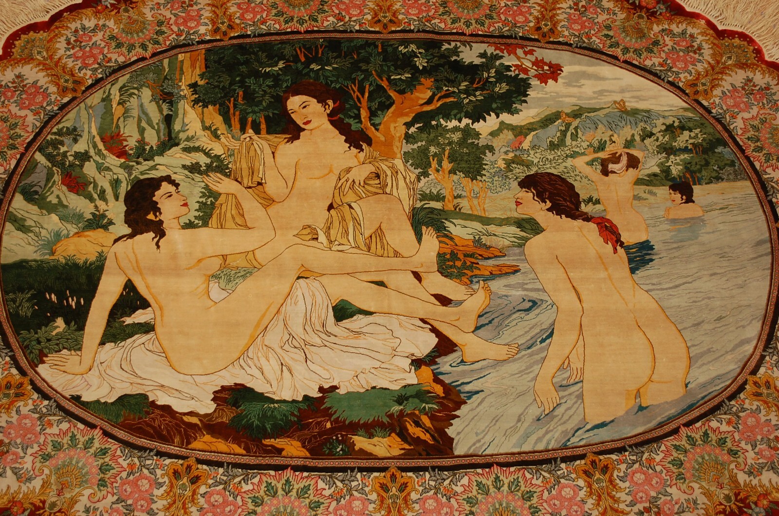 RARE HIGH KPSI BATH OF DIANA DESIGN FINE 100% SILK TURKISH HEREKE RUG 3'6"x4'10" gallery