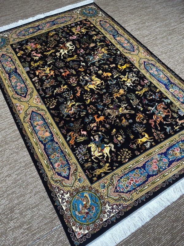 1.5x2.25m Pers,ian Q,u,m Shikargah Hunting Scene Rug Black Bamboo Silk Pictorial gallery