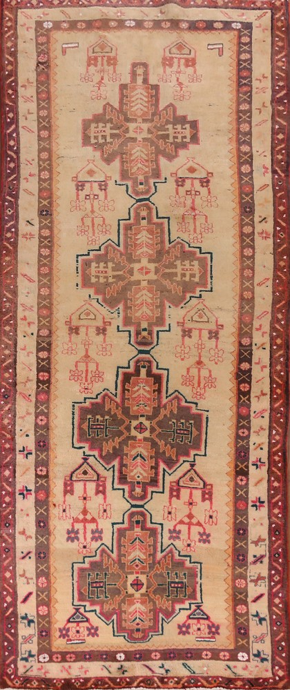 Vintage Peach Wool Hand-knotted Geometric Meshkin Hallway Runner Rug 4x11 Carpet