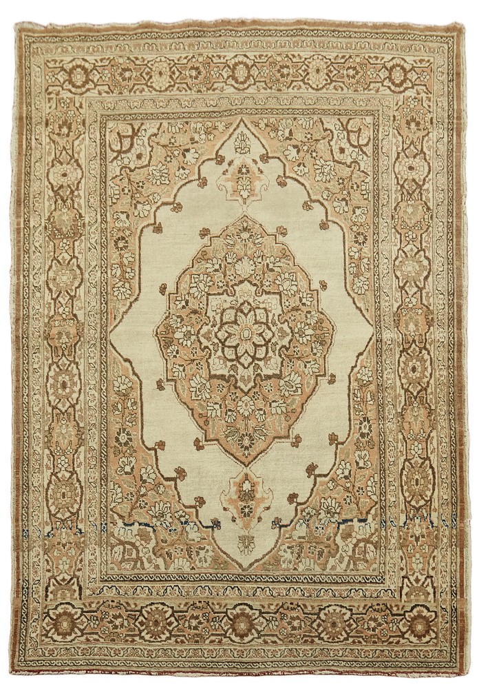 Pre-1900 4x6 Antique Beige Traditional Rug in Geometric Gold & Ivory Design