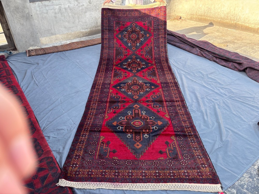 Vintage Afghan Baluchi Runner Rug 5x13 Red Navy Geometric Hand Knotted Wool Rug