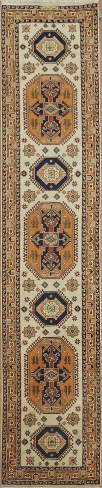 Elegant Geometric 12 ft Runner Rug 3x12 Ivory Wool Handmade Nomad Vintage Carpet