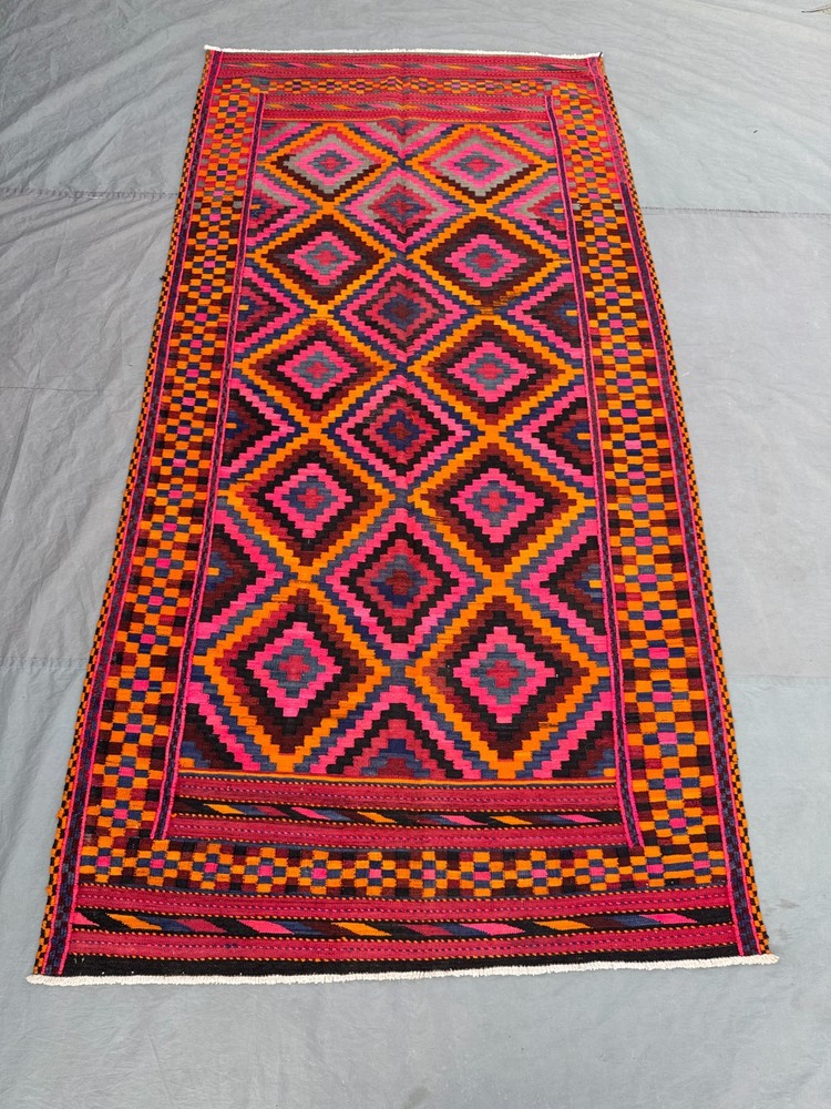 4'8x8'10 ft Vintage Afghan Baluchi Kilim Handwoven Wool Flatweave Geometric Rug
