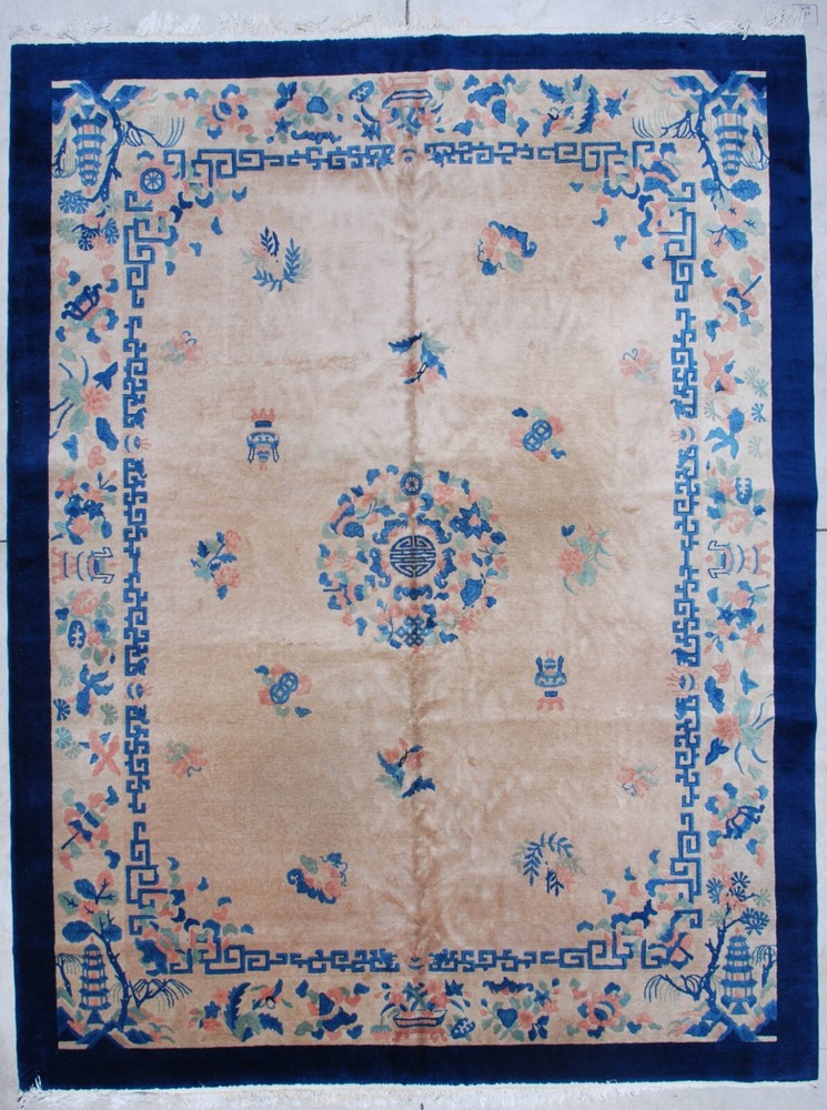 Antique Vintage Art Deco Chinese Rug Ivory, Blue, Pink, Green 9’0″ X 11’8″ #7292