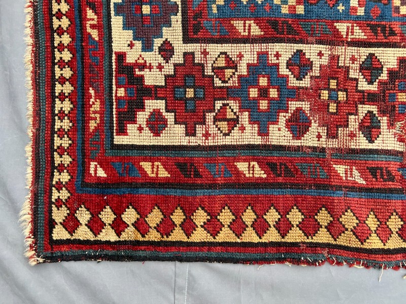 Red Blue Turkish Tribal Rug 4x5 ft Hand Knotted Vintage Distressed Boho Carpet gallery