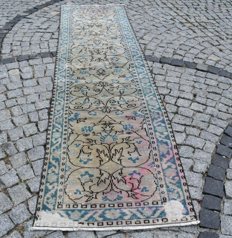 Vintage Turkish Rug 2'8 x 10'6 ft Muted Dye Oushak Corridor Hallway Area Rug gallery