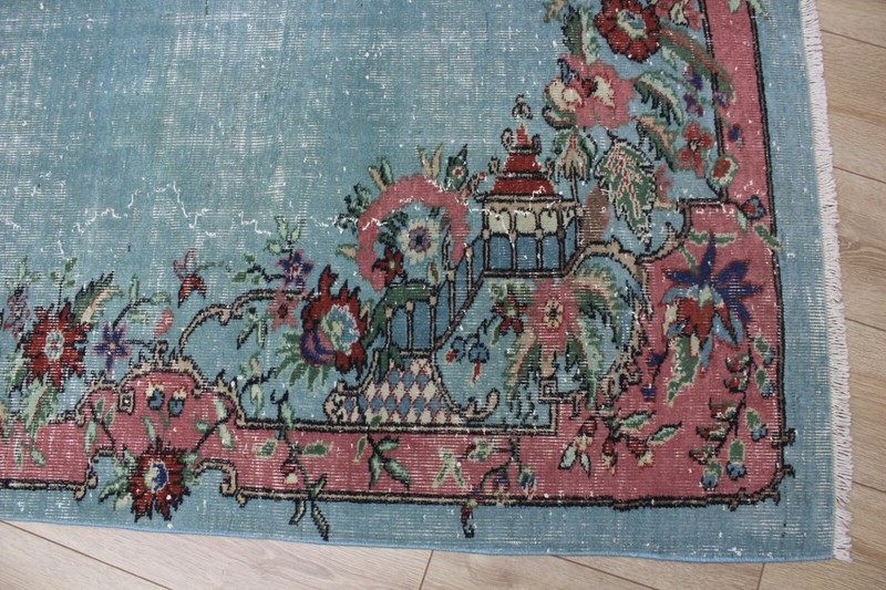Turquoise Runner Rug Anatolian Oriental Handmade Vintage Floral Carpet 2x10 ft gallery