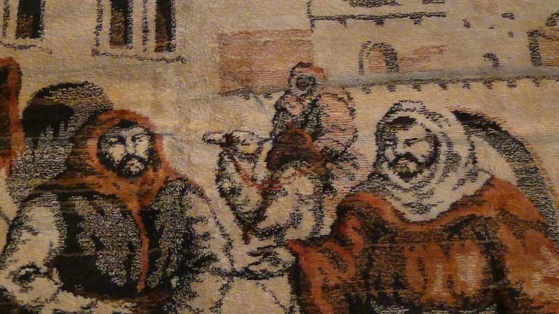 ANTIQUE ISLAMIC SILK RUG STREET MARKET SCENE 49" X 77" gallery