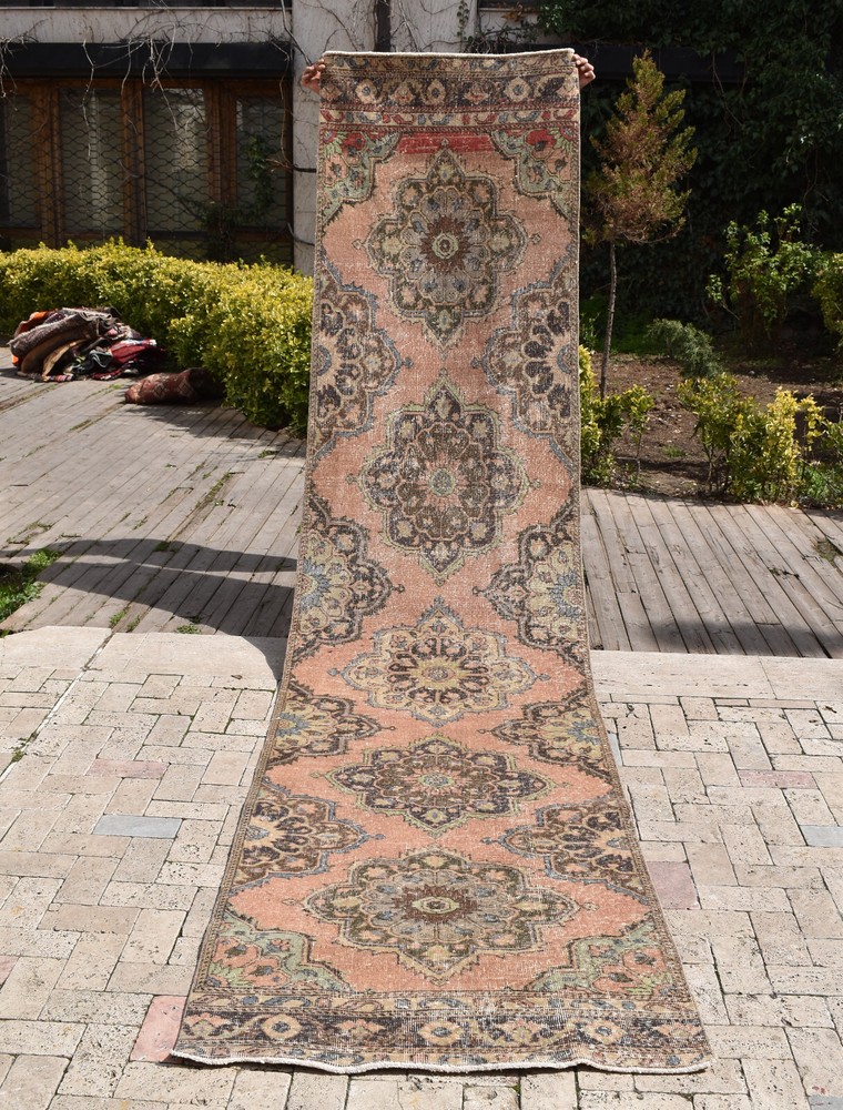Turkish Rug 3x13 ft Oushak Rug Runner Vintage Wool Hallway Stairs Rug 98x405cm
