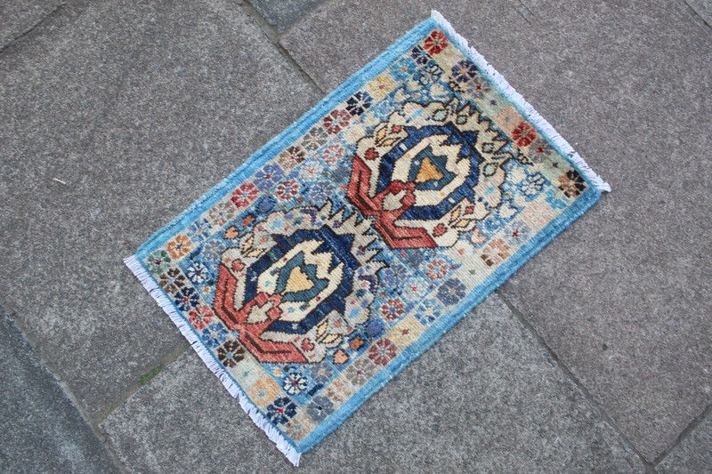 Vintage Hand Made Traditional Rug Oriental Wool Blue Small Rug 63x40cm gallery