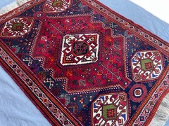 Red Caucasian Rug 4×5’3 Hand Knotted Wool Geometric Medallion Turkish Vintage