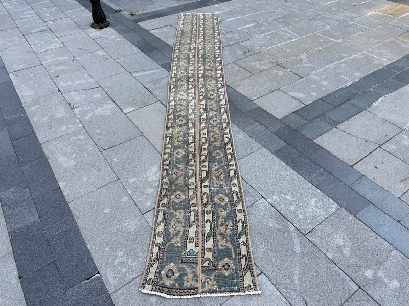 Vintage Turkish Runner Rug 1.7x11.6 ft Neutral Oushak Hallway Rug gallery