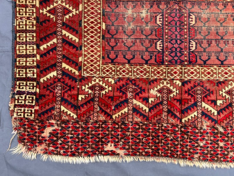 Red Distressed Low Pile Turkish Tribal Rug 4x5 ft Hand Knotted Vintage Carpet gallery