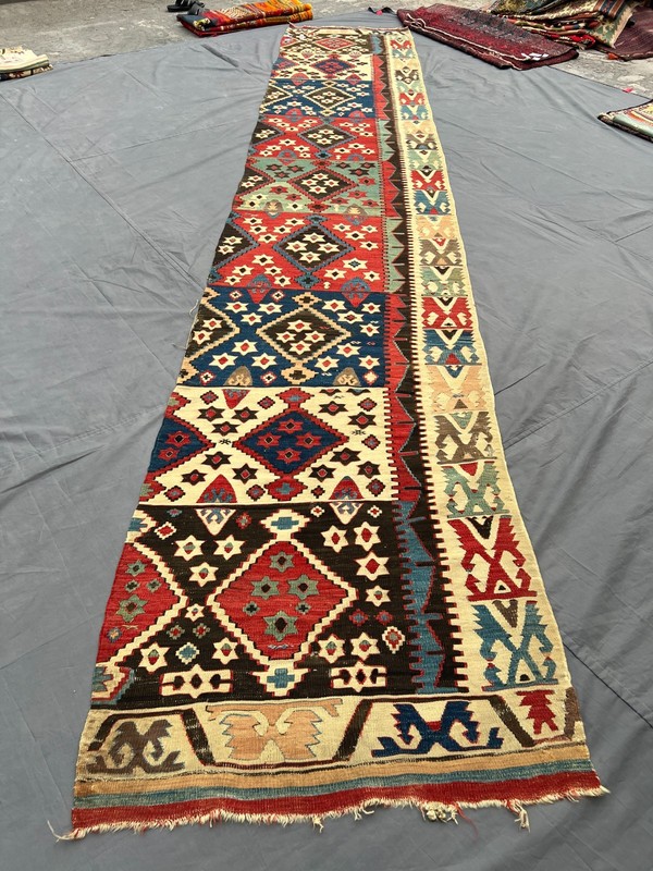 3x16 ft Vintage Anatolian Kilim Flat Weave Wool Multicolor Diamond Runner Rug gallery