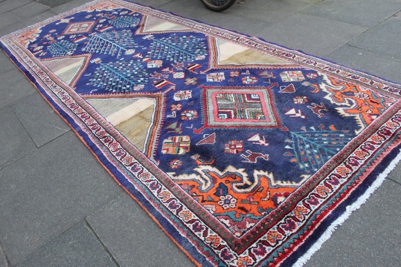 Vintage Hand Made Traditional Oriental Wool Blue Orange Large Long Rug 330x132cm gallery