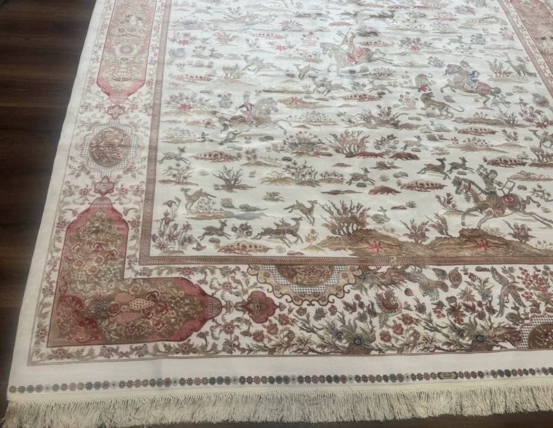 Large Turkish Silk Rug 8x10, Ivory, Hunting Design, New gallery