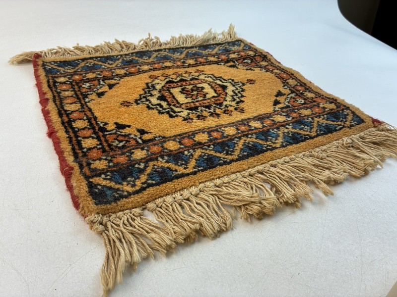 Vintage Hand-Knotted Wool Turkish Mini Rug w/ Geometric Patterns 11.5" x 13" gallery