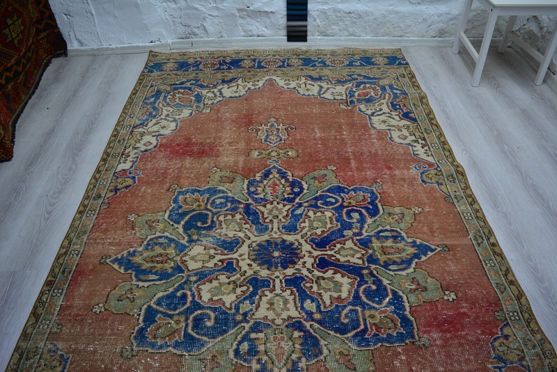 Antique Red Handmade Rug, 5.1x10.2ft, Blue Turkish Vintage Medallion Area Rug, gallery