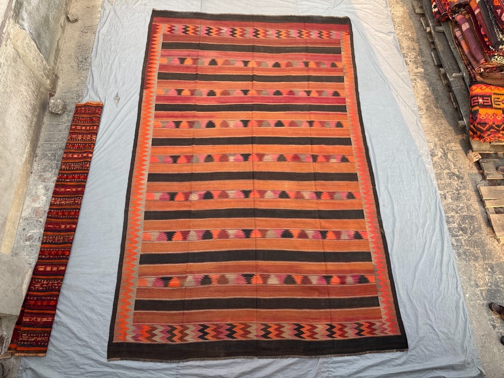 9'5x15'2 Ft Vintage Afghan Baluchi Kilim Rug Wool Zig Zag Geometric Tribal Kilim