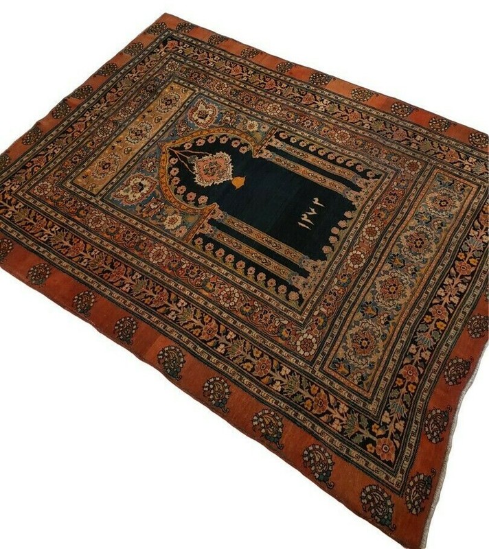 Tabrisz Antique Prayer rug, One-of-a-kind, made in 1893 - 4'5" x 5'8" gallery