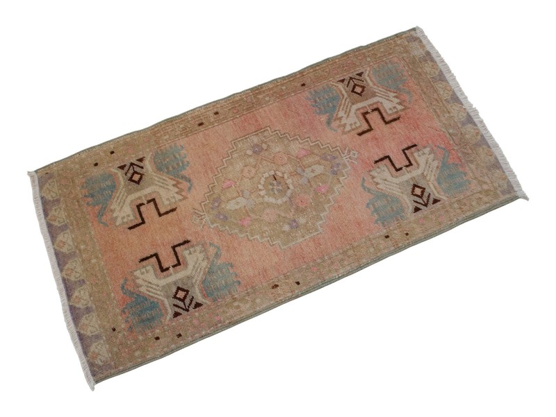 Vintage Oushak Small Rug 2x3 Pink Blue Turkish Mat Hand-Knotted Entryway Rug gallery