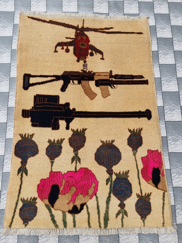 Afghan Hand Opium Flower Ak 47 War Rug Tribal Wool With Knotted Wall Hanging gallery