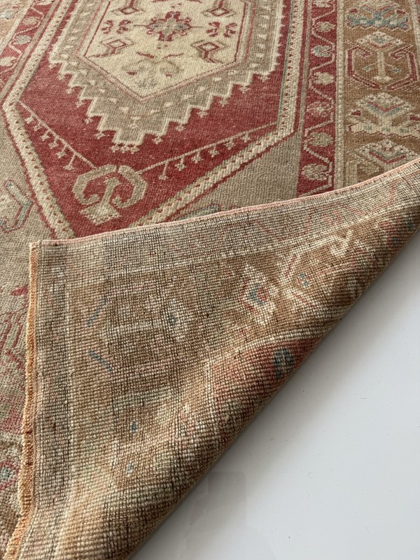 Vintage Hand Knotted Wool Oushak Rug, 3x6 Turkish Rug in Red Brown Beige Tones gallery
