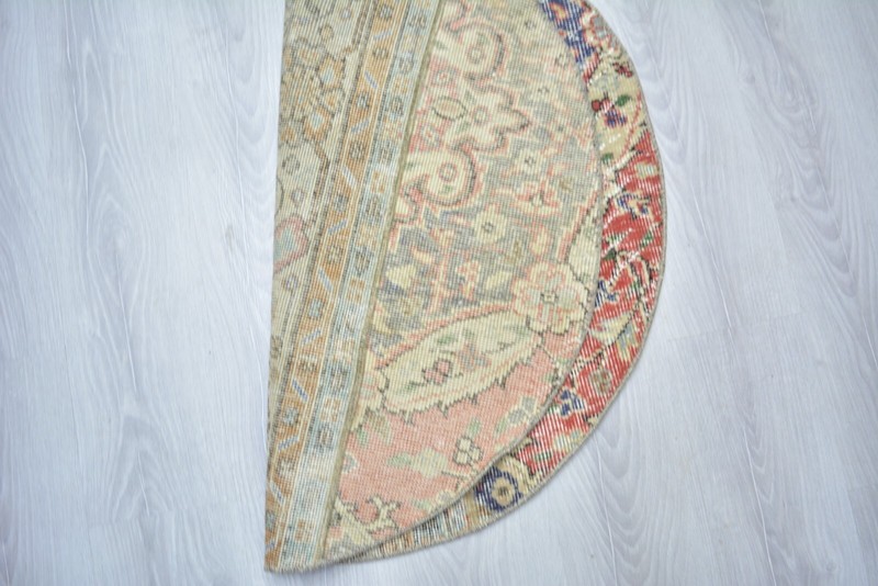 Vintage Handmade Red Door Mat, 3.1 ft Round Entry Mat, Red Turkish Round Rug, gallery