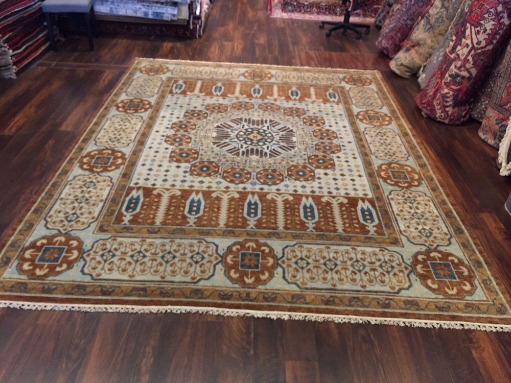 Hand Knotted Light Blue Brown Oushak Heriz Geometric Area Rug Carpet 8’x10’2,70