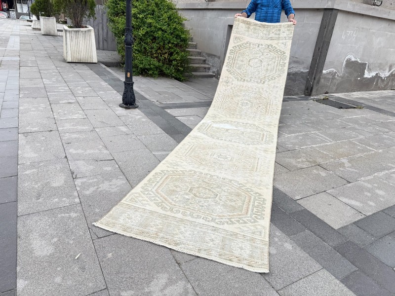 Vintage Turkish Oushak Runner Rug 2.7x12.4 ft Ivory Beige Hallway Wool gallery