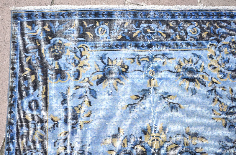 Vintage Turkish Rug 44'' x 86'' Hand-knotted Over Dyed Blue Rug Painted Wool Rug gallery