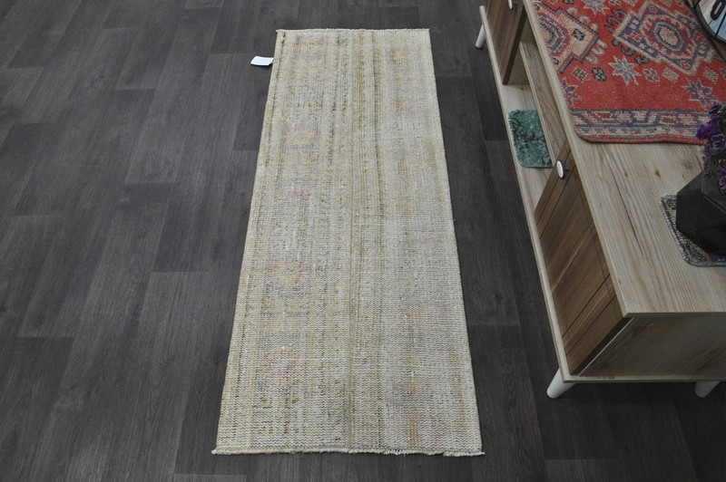 Vintage Turkish Runner Rug 2x5ft BEIGE Handmade Anatolian Oushak Hallway Wool gallery