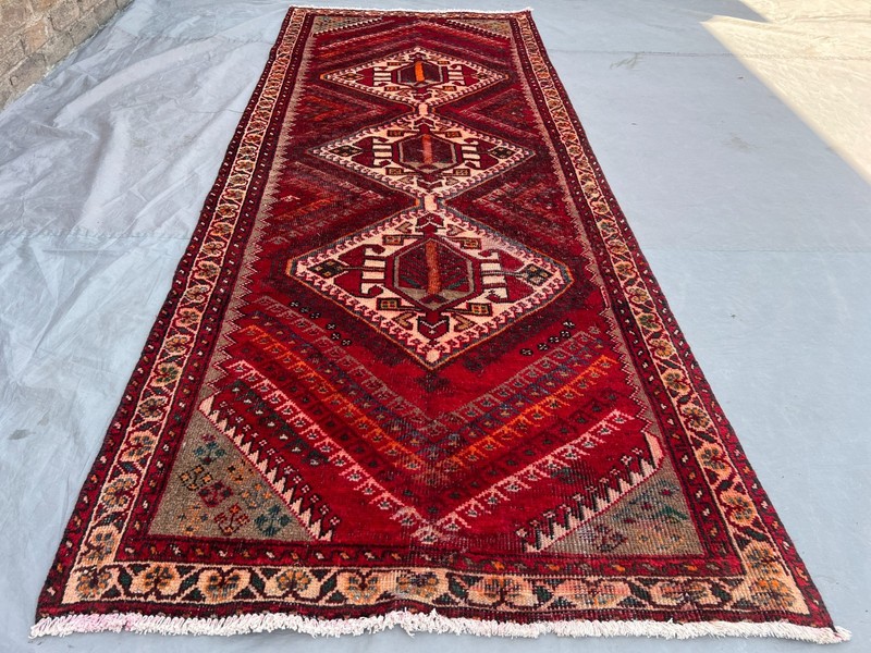 3'7x9'5 ft Vintage Afghan Baluchi Red Geometric Hand Knotted Wool Runner Rug gallery