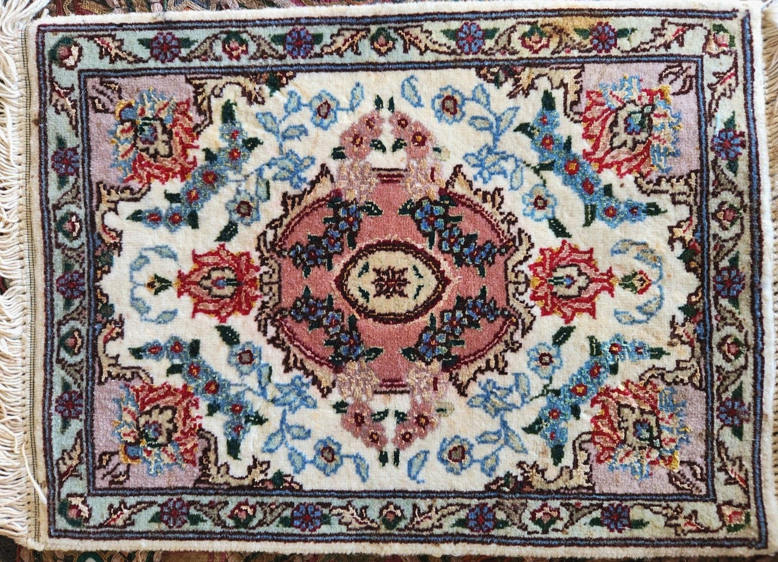 FINE HAND-KNOTTED TABRZI MAHI-QOOM-PERSAN SILK/WOOL RUG SMALL 16" x 12" INCH gallery