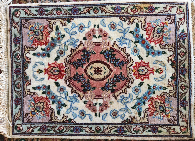 FINE HAND-KNOTTED TABRZI MAHI-QOOM-PERSAN SILK/WOOL RUG SMALL 16" x 12" INCH gallery