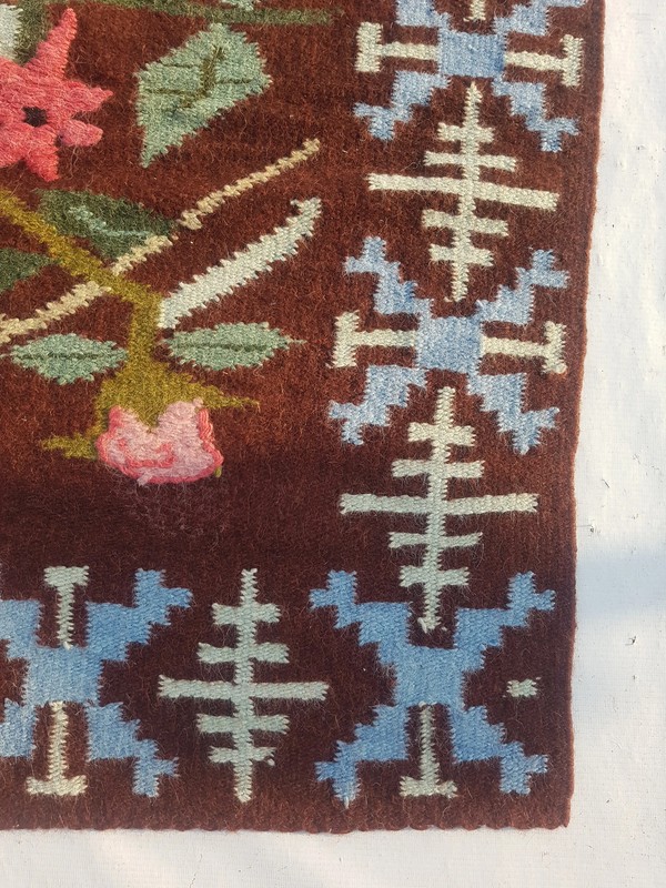 Vintage Traditional Handmade Romanian Floral Wool Brown Kilim 6.5x4.8ft gallery