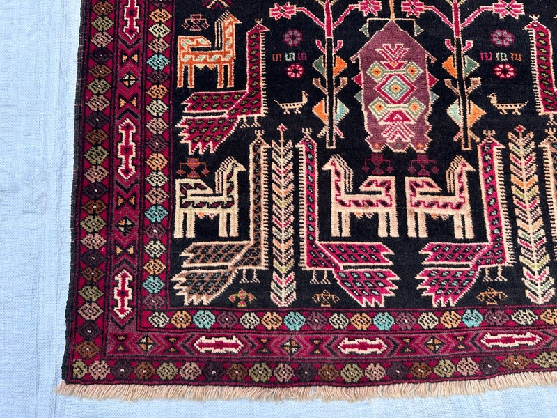 COLLECTORS' ITEM Vintage Stunning Peacock Shikargah Pictorial Tribal Belouch Rug gallery
