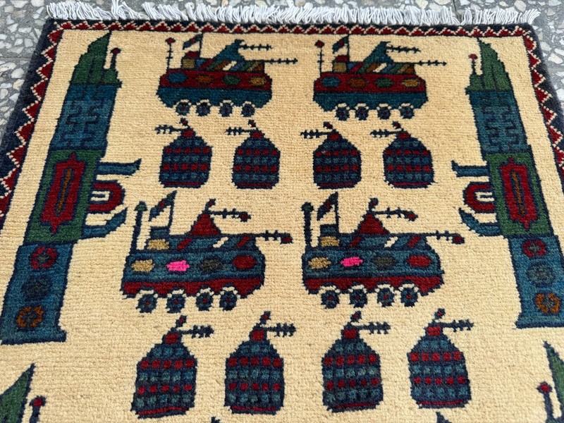 2x3 Afghan Hand Knotted War Rug Tanks Rifles Beige Wool Carpet New gallery