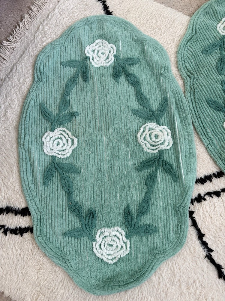 2x 1930s Floral Embroidered Green Rugs