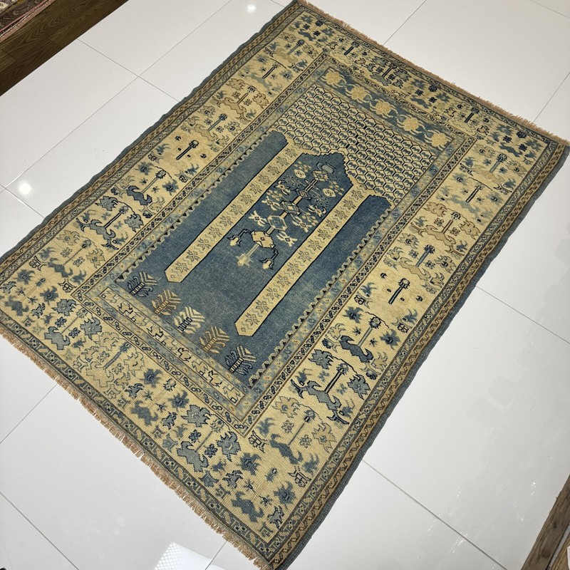 Vintage Hand Knotted Wool Oushak Rug, 4x5 Oriental Turkish in Blue Beige Tones gallery