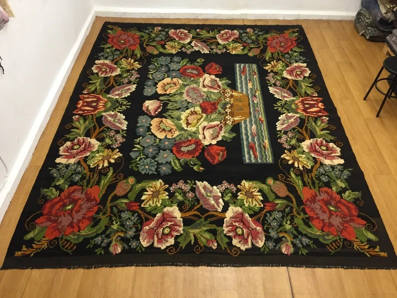 Vintage Turkish Floral Kilim Rug 9x11ft Handmade Flatweave Black Background Wool