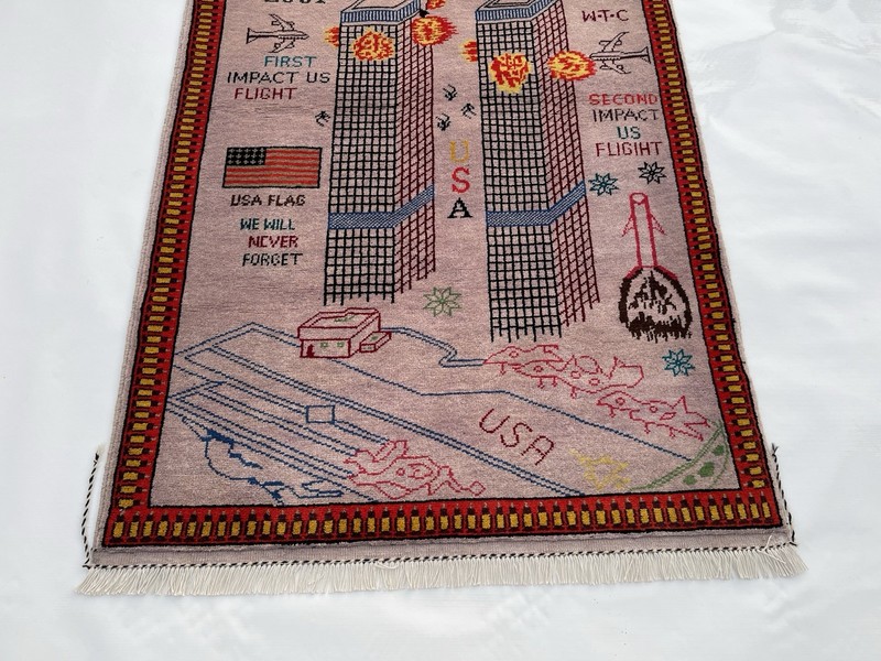 #734 Handmade rug 9/11 twin towers War Rug Afghan War Rug Handicrafts 125x95 Cm gallery