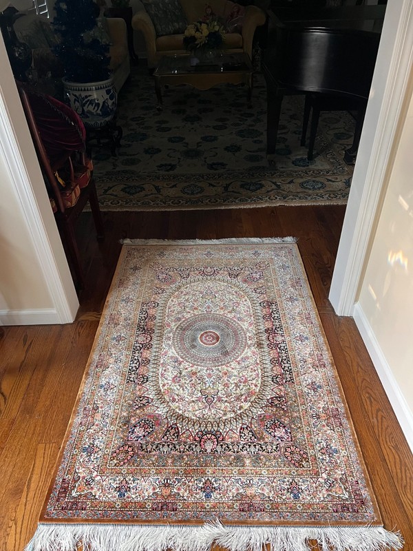 Turkish Silk Rug 3 ft x 5 ft Medallion, Pink and Ivory, Fine, Bamboo Silk gallery