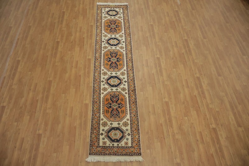 Elegant Geometric 12 ft Runner Rug 3x12 Ivory Wool Handmade Nomad Vintage Carpet gallery